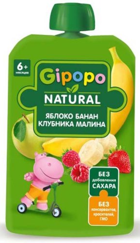 Gipopo Пюре Яблоко, банан, малина, клубника, с 6 месяцев, 90 г