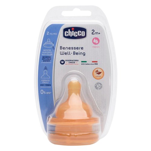 CHICCO Соска Well-Being латексная, средний поток, 2мес.+ 2шт.